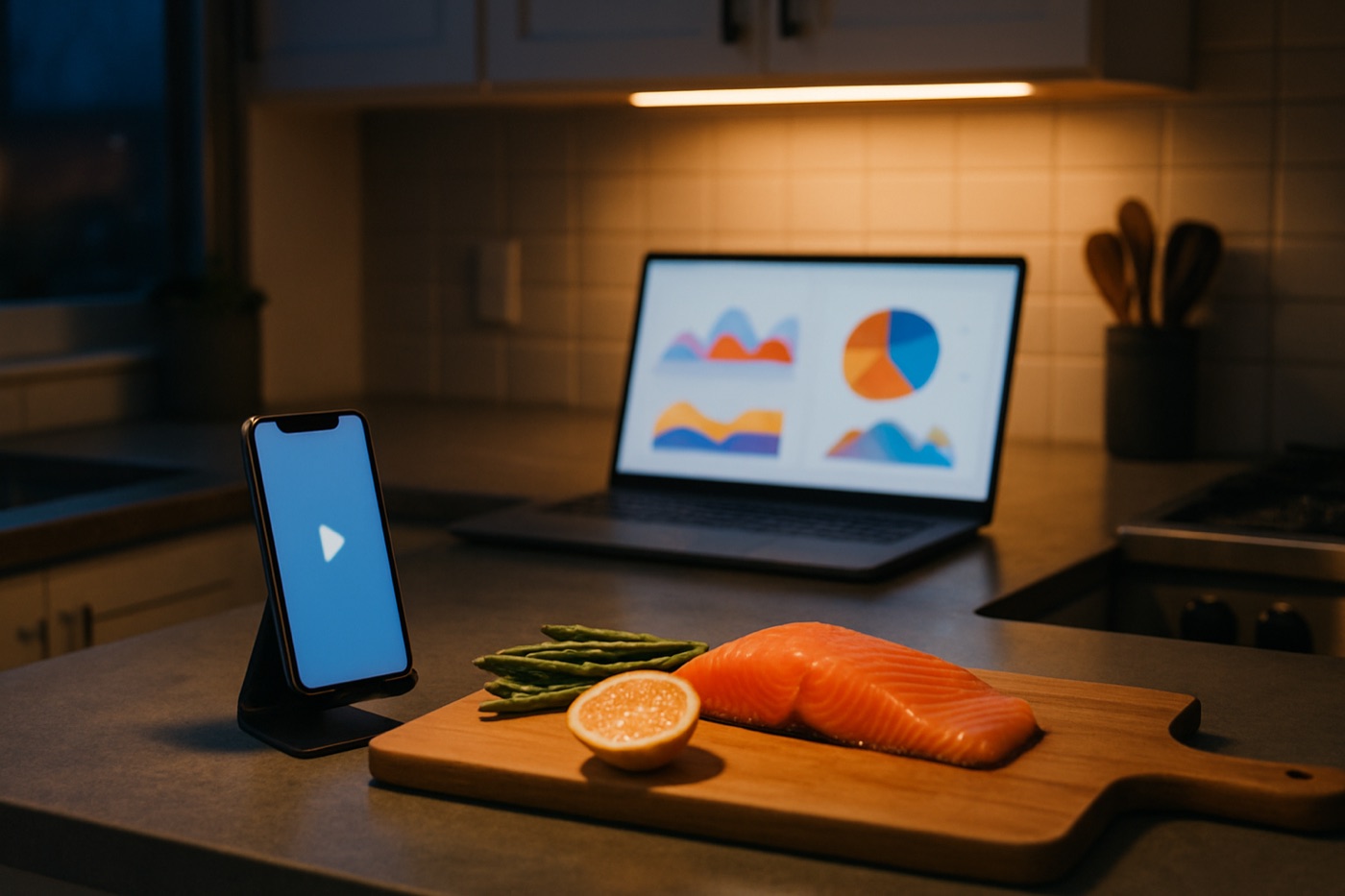 A phone on a stand beside salmon, asparagus and lemon on a cutting board, with a laptop showing charts in the background