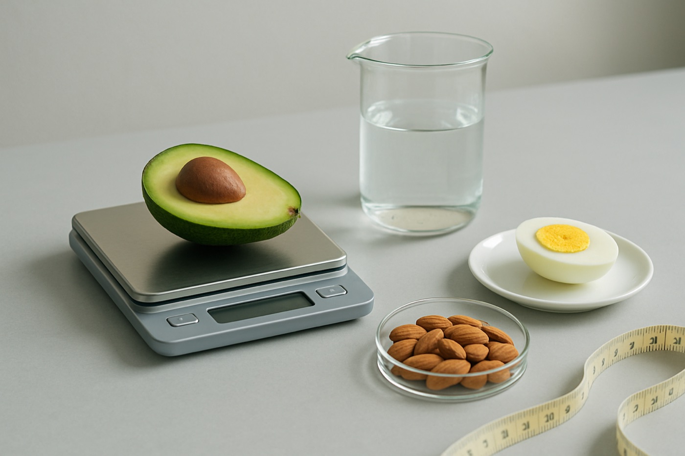 An avocado on a kitchen scale, a beaker of water, almonds in a petri dish and a boiled egg on a grey lab bench
