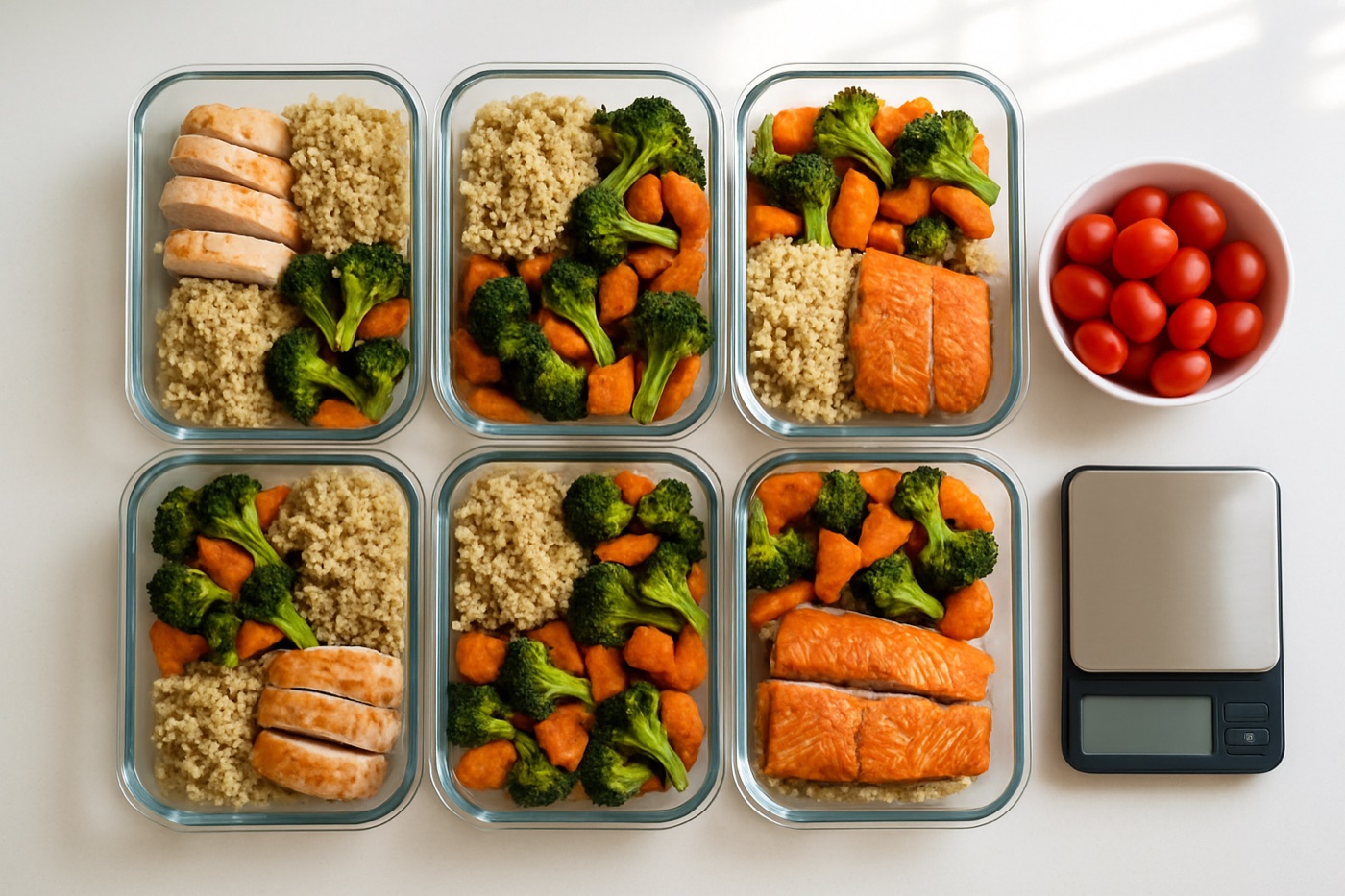 Six glass meal-prep containers with chicken, quinoa, roasted vegetables and salmon on a white counter next to a small scale