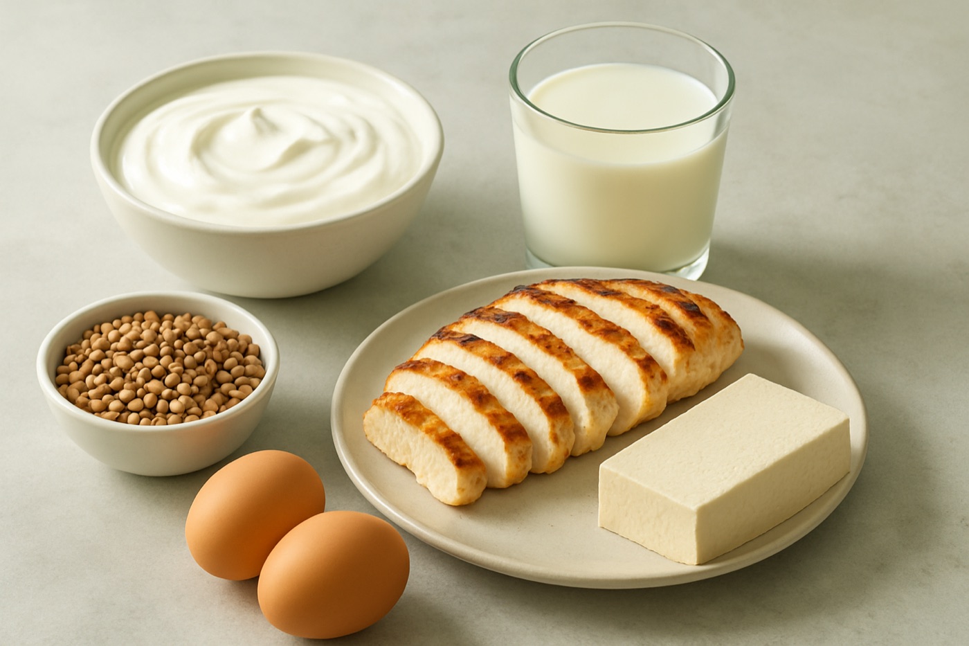 Greek yogurt, sliced chicken, lentils, eggs, tofu and a glass of milk on a stone surface